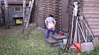 russian brunette's hairy ass anal masturbation outdoors phone sex voyeur orgasm