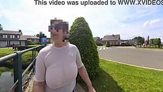 Busty milf struts braless in see-thru top down slutty street