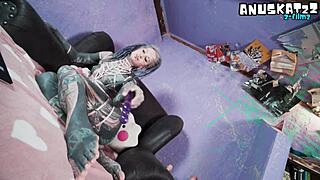 tattooed goth model fingers ass toys pierces nipples vibrates wet pussy
