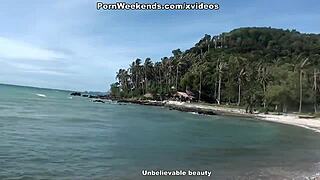 Hard fuck at the rocky beach during holiday