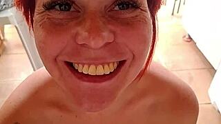 Redhead sucks cock talking to husband