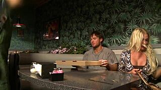 Busty Blonde Fills Her Shaved Pussy With Cock In Restaurant Booth