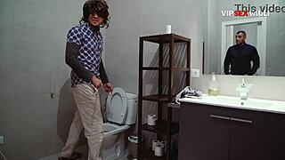 muscular stud wrecks slim guy ass in bathroom mirror