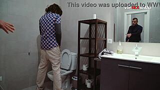 muscular stud wrecks slim guy ass in bathroom mirror
