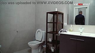 muscular stud wrecks slim guy ass in bathroom mirror