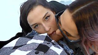two hot girls warm that cock outside