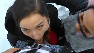 two hot girls warm that cock outside
