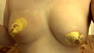 Food fetish brunette with ice cream on hairy pussy