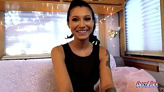 Brunette hottie raven lane enjoys masturbating her wet twat on the couch