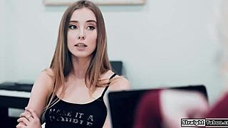 blonde teen gets fingered by stepmoms boss at work