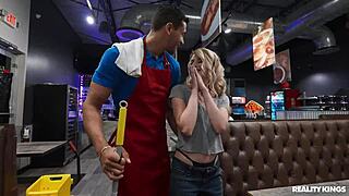 Blonde gets deepthroat and facial during pizza shop study break