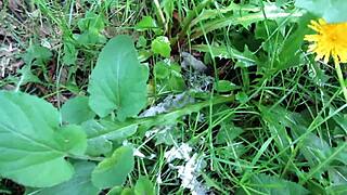 Milf pisses standing behind garages in the open air dirty pussy loves to urinates in public places amateur fetish