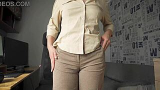 Naughty colleague shows off in tight trousers