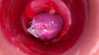 The camera inside the deep pussy records a huge ejaculation
