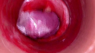 The camera inside the deep pussy records a huge ejaculation