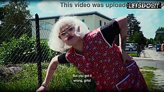 Kinky german granny in cosplay bends over outside for a surprise